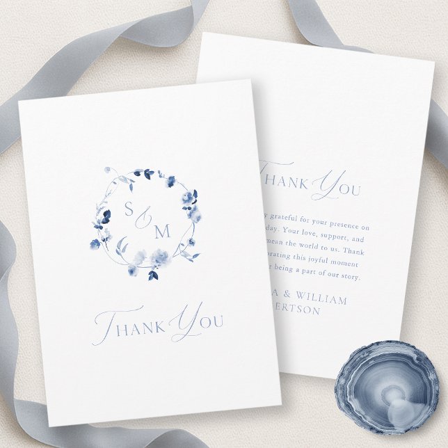 Carte De Remerciements Dusty Blue Floral Monogram Thank You Card (Créateur téléchargé)