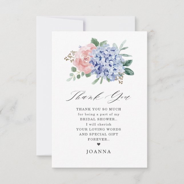 Carte De Remerciements Dusty Blue Pastel Fête des mariées hydrangée rose (Devant)
