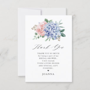 Carte De Remerciements Dusty Blue Pastel Fête des mariées hydrangée rose