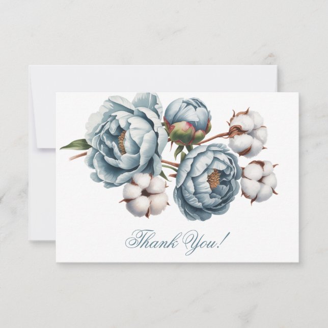 Carte De Remerciements Dusty Blue Peony and Cotton Wedding (Devant)