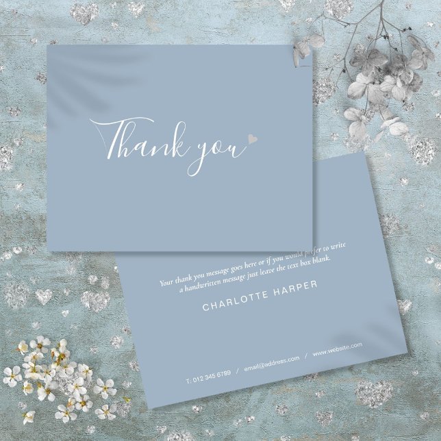 Carte De Remerciements Dusty Blue Silver Heart Chic Script Business (Dusty Blue Silver Heart Chic Script Business Thank You Card)