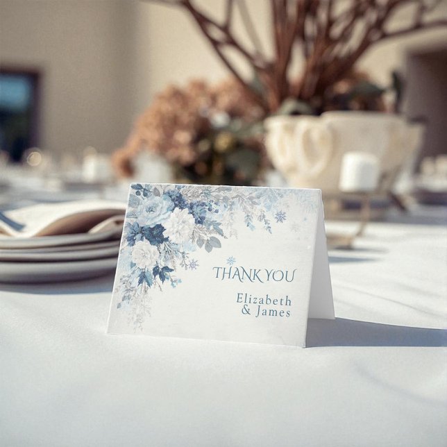 Carte De Remerciements Dusty Blue Silver Rose hiver Floral Mariage (Dusty Blue Silver Rose Winter Floral Wedding Thank You Card)