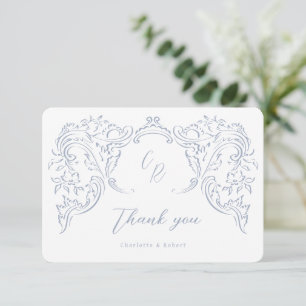 Carte De Remerciements Dusty Blue Vintage Flourd Mariage Monogramme