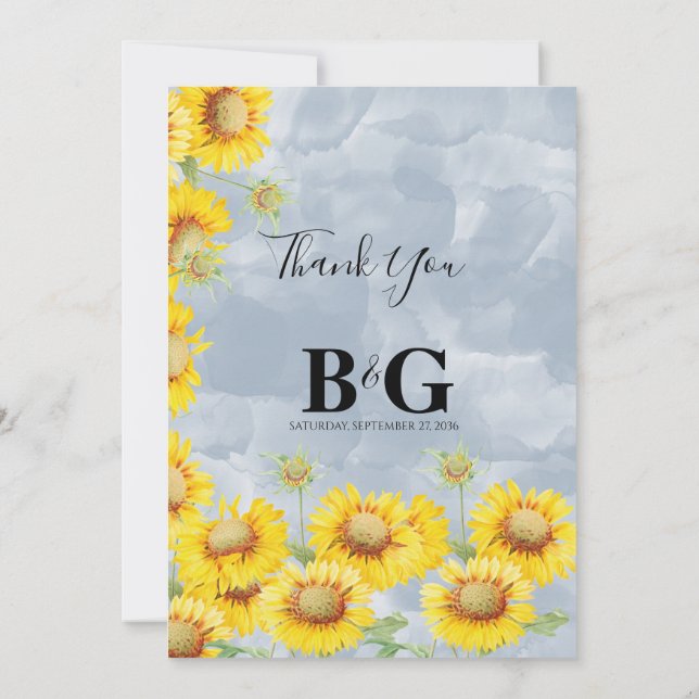 Carte De Remerciements Dusty Blue Watercolor Sunflowers Monogram Mariage (Dos)