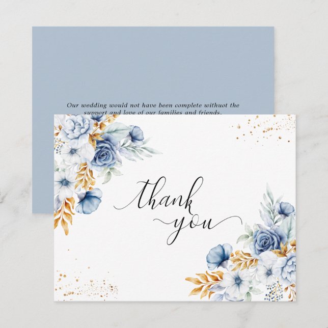 Carte De Remerciements Dusty Blue White Gold Floral Mariage (Devant / Derrière)