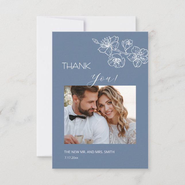 Carte De Remerciements Dusty Blue White Line Art  Flowers Thank You Card (Devant)