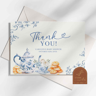 Carte De Remerciements Dusty Bue Chinoiserie Baby shower Tea Party