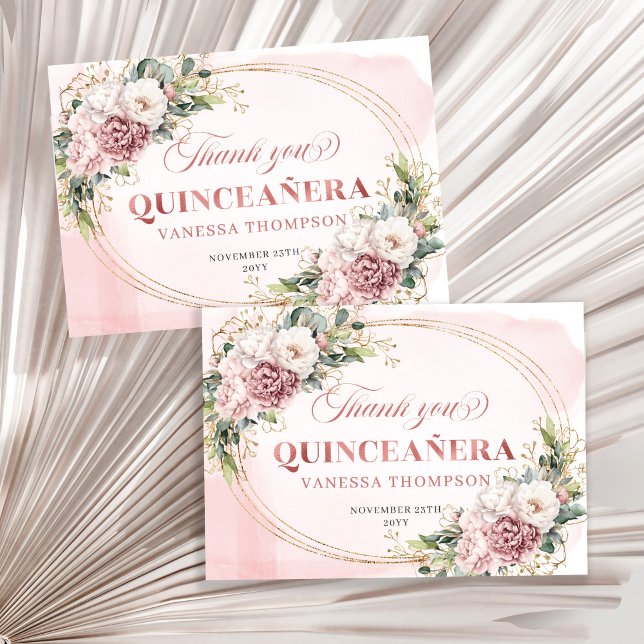 Carte De Remerciements Dusty Pink Boho Floral Greenery Mis Quince Thanks (Dusty Pink Boho Floral Greenery Mis Quince Thank You)