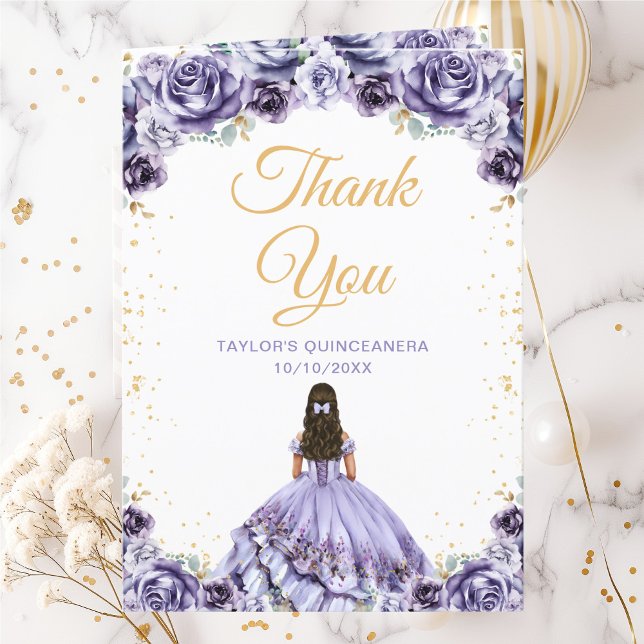 Carte De Remerciements Dusty Purple Princess Floral Quinceañera (Créateur téléchargé)