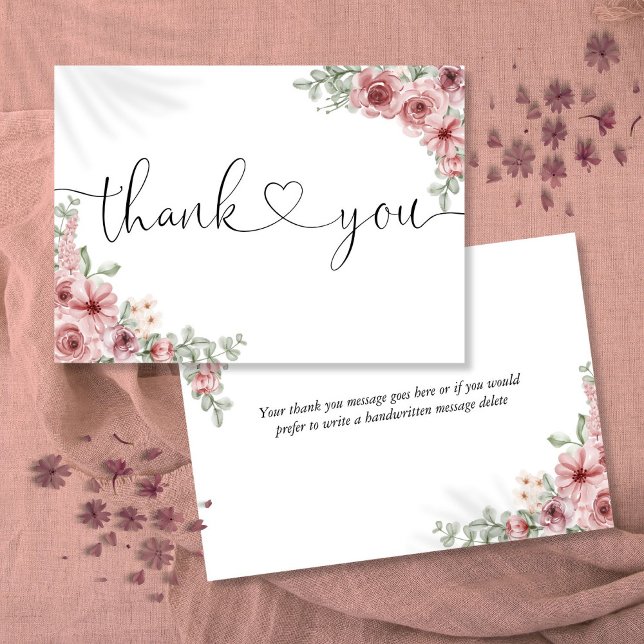 Carte De Remerciements Dusty Rose Floral Élégant Script Coeur (Dusty Rose Floral Elegant Script Heart Thank You Card)