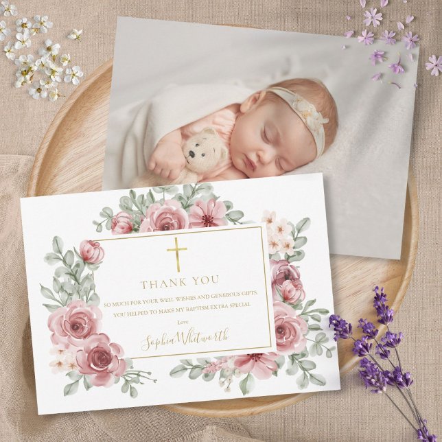 Carte De Remerciements Dusty Rose Floral Gold Baptism Christening Photo (Créateur téléchargé)