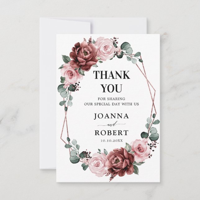 Carte De Remerciements Dusty rose Rose floral Mariage géométrique (Devant)