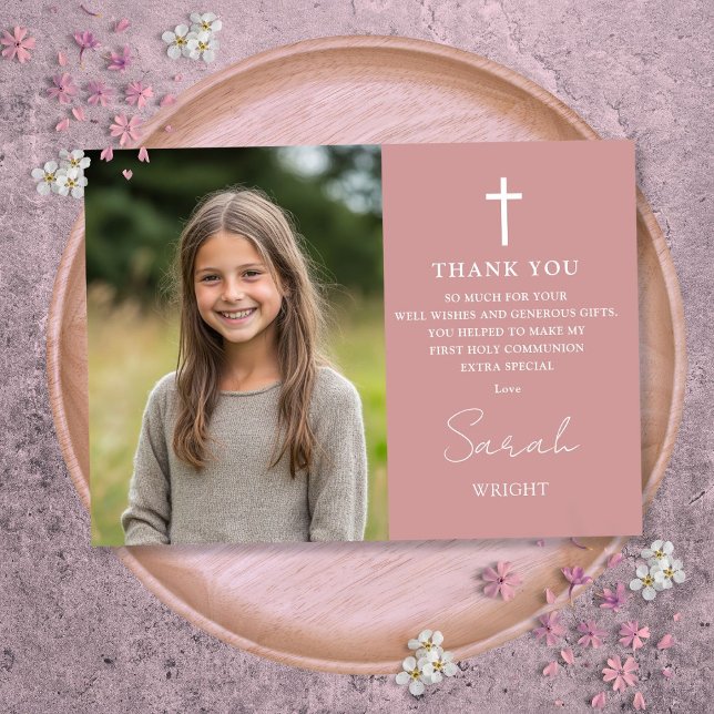 Carte De Remerciements Dusty Rose rose photo première sainte communion (Dusty Rose Pink Photo First Holy Communion Thank You Card)