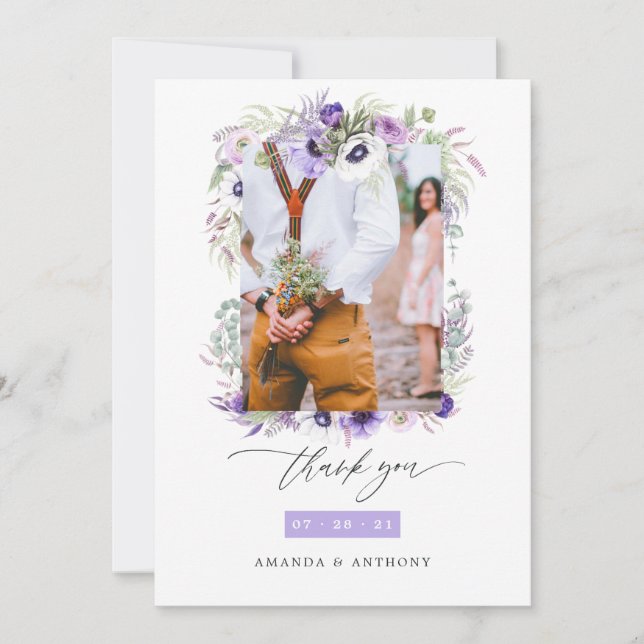 Carte De Remerciements Dusty Violet Pastel Floral Mariage Photo Collage (Devant)