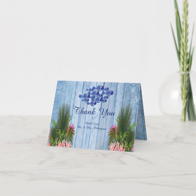 Carte De Remerciements Eau bleue Galets, Flamants roses roses & Poissons (Devant)