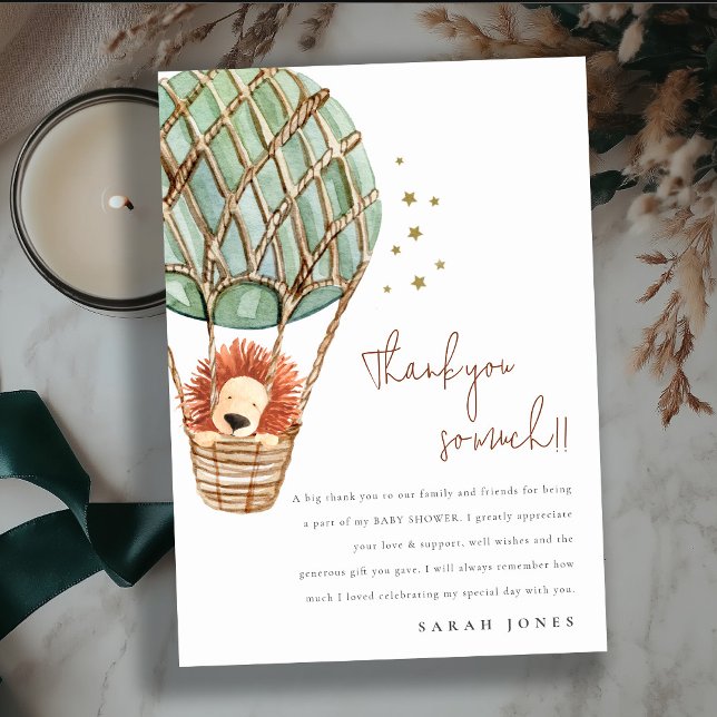 Carte De Remerciements Eco Green Hot Air Balloon Lion Baby shower magique (Créateur téléchargé)