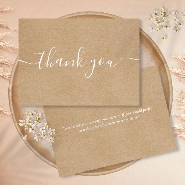 Carte De Remerciements Écriture Blanche Simple Élégante Kraft Rustique (Rustic Kraft Simple Elegant White Script Thank You Card)
