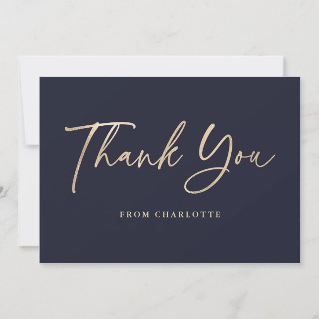 Carte De Remerciements Écriture élégante Bleu et Or (Devant)