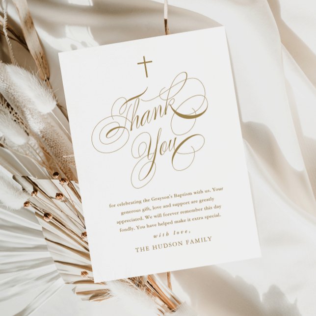 Carte De Remerciements Écriture Élégante Calligraphie Or Baptême (Elegant calligraphy gold baptism thank you card.)
