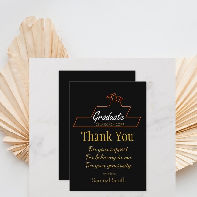 Carte De Remerciements Écriture manuscrite de script de diplôme Noir & Or (handwriting black and gold graduation thank you card.)