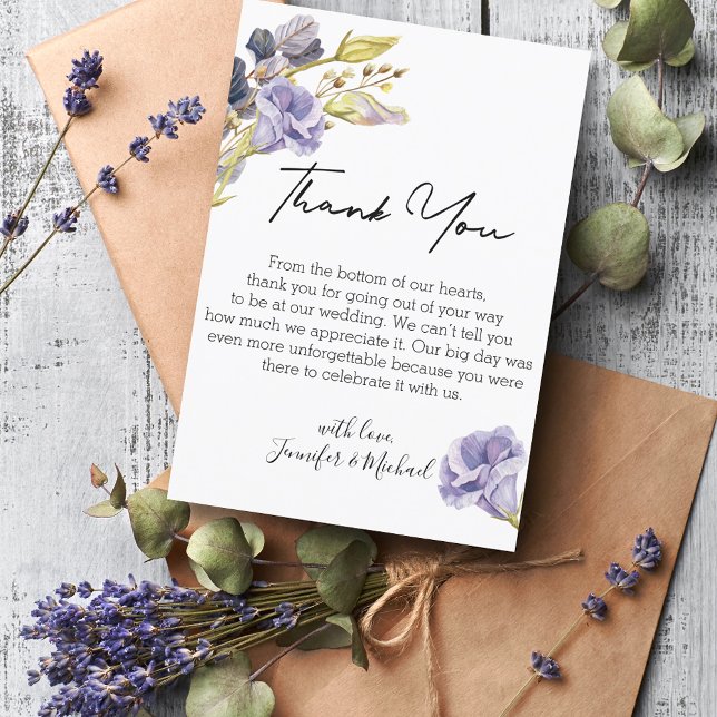 Carte De Remerciements écriture moderne aquarelle violet mariage floral (Créateur téléchargé)