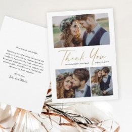 Carte De Remerciements Écriture Moderne Or 3 Photo Mariage