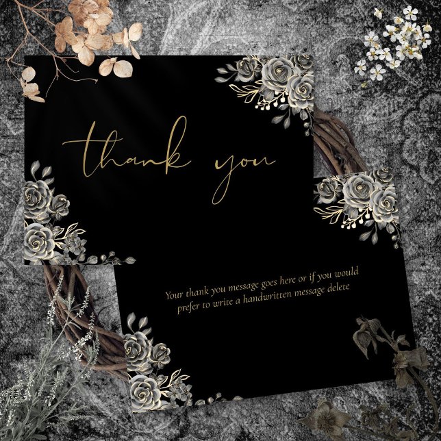 Carte De Remerciements Écriture noire gothique personnalisée et dorée (Personalized Gothic Black And Gold Script Thank You Card)