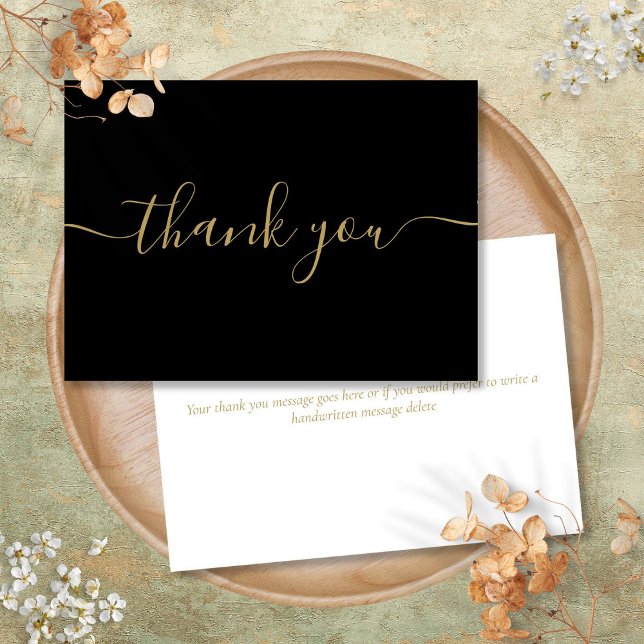 Carte De Remerciements Écriture simple moderne élégante noire et or (Black And Gold Simple Modern Elegant Script Thank You Card)
