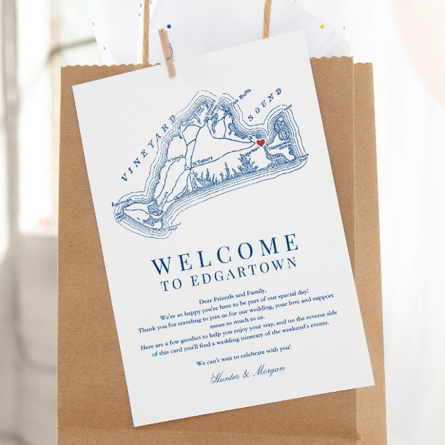 Carte De Remerciements Edgartown MA Mariage Bienvenue Itinéraire Marine B (Edgartown MA Martha's Vineyard Map wedding welcome letter weekend schedule in elegant Navy Blue )