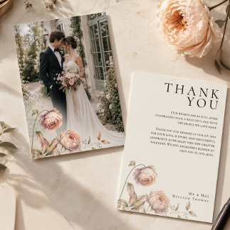 Carte De Remerciements Éditorial Élégant de Mariage avec Pivoine Péché Ph