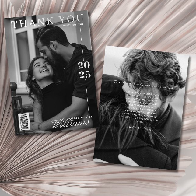 Carte De Remerciements Editorial noir et blanc magazine mariage (Créateur téléchargé)