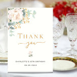 Carte De Remerciements Eeucalyptus à fleurs d'anniversaire verdure élégan<br><div class="desc">Un carte de remerciements d'anniversaire moderne et élégant de 50ème (ou tout âge). Un arrière - plan blanc chic. Décoré d'un blanc floral, de fleurs (pivoine) et de feuilles d'eucalyptus vert aquarellés, de sprigs, de verdure et d'un faux doré. Lettres noires et dorées. Sur le devant le texte : Merci,...</div>