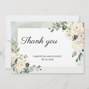 Carte De Remerciements Eeucalyptus vert blanc roses or parties scintillan