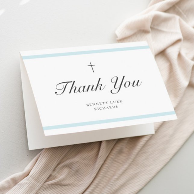 Carte De Remerciements Élégance Moderne Garçon Baptême  (Boys photo baptism thank you card.)