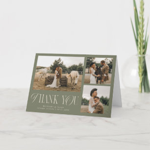 Carte De Remerciements Élégance Rustique Mariage Multi Photo Vert Olive