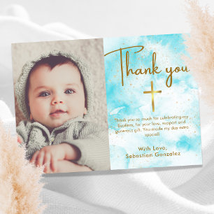 Carte De Remerciements Elégant 1 Photo Bleu Aquarelle Or Croix Baptême