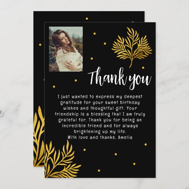 Carte De Remerciements Élégant 21e anniversaire Gold Foliage Photo (Devant / Derrière)