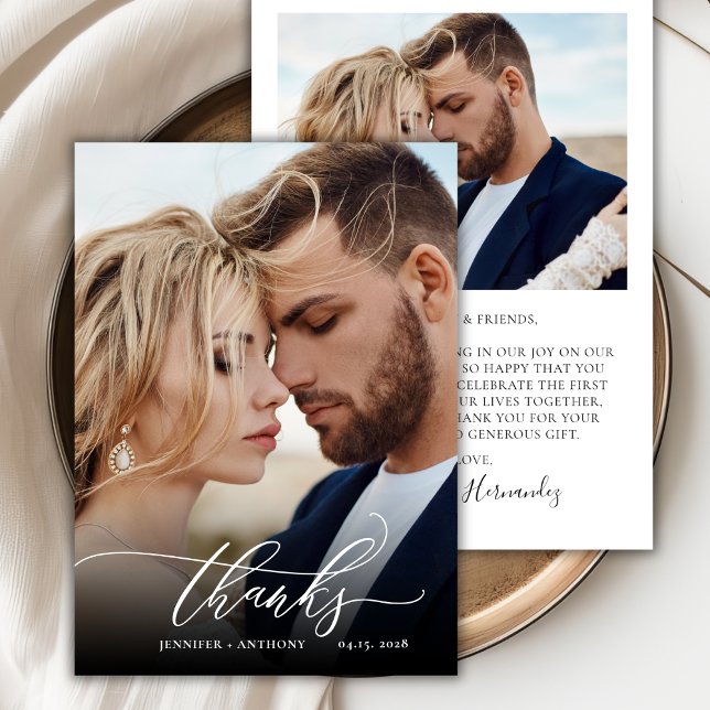 Carte De Remerciements Élégant 2 Mariage photo de script chic (Créateur téléchargé)