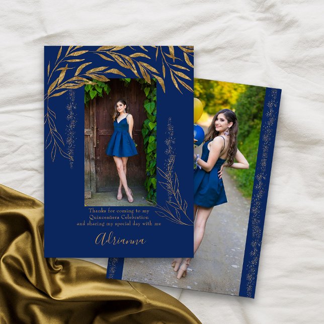 Carte De Remerciements Elégant 2 Photo Royal Blue et Gold Leaf (Royal Blue 2 Photo Thank You card from my Gold Leaf Quinceanera Collection)