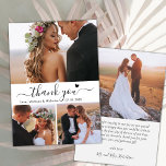 Carte De Remerciements Elégant 3 Photo Collage Calligraphie Script Mariag<br><div class="desc">Minimaliste Moderne Élégant Script 3 Photo Collage Mariage Carte de remerciements. Élégant modèle mariage avec 3 (trois) photos sur le devant et une (1) photo sur le dos. Avec le texte "Merci" dans une main tourbillonnant lettrage de typographie police de script avec la queue de swash et petit coeur d'amour...</div>