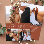 Carte De Remerciements Élégant 3 Photo Collage Mariage de script en terre<br><div class="desc">Minimaliste Moderne Boho Élégant Script 3 Photo Collage Mariage en terre cuite Carte de remerciements. Élégant modèle mariage avec 3 (trois) photos sur le devant et une (1) photo sur le dos. Avec le texte "Merci" dans une main tourbillonnant lettrage de typographie police de script avec la queue de l'écharpe...</div>