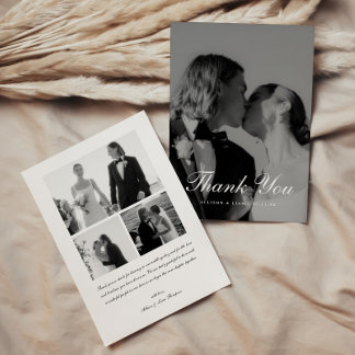 Carte De Remerciements Elegant 4-Photo Black & White Script Wedding
