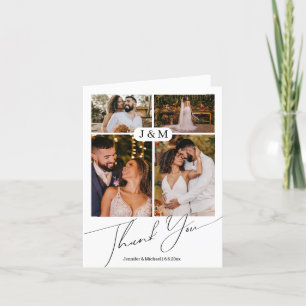 Carte De Remerciements élégant 4 photos collage monogramme mariage