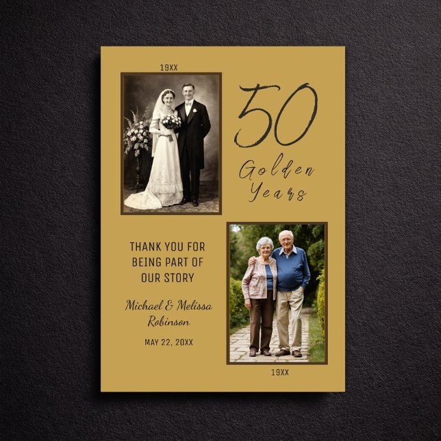 Carte De Remerciements Elegant 50th Anniversary Gold Photo Thank You (Clean flat lay view of gold 50th anniversary thank you card)