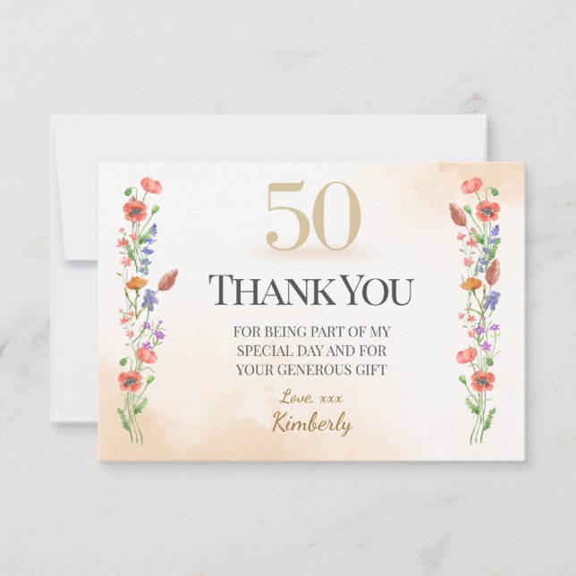 Carte De Remerciements Elegant 50th Birthday – Wildflower Design (Devant)
