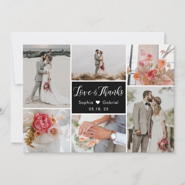 Carte De Remerciements Élégant 6 Photo Collage Mariage noir et blanc (Devant)