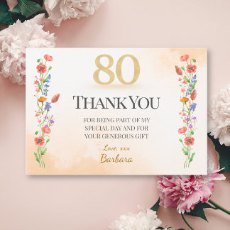 Carte De Remerciements Elégant 80e anniversaire - 80 ans Fleur sauvage