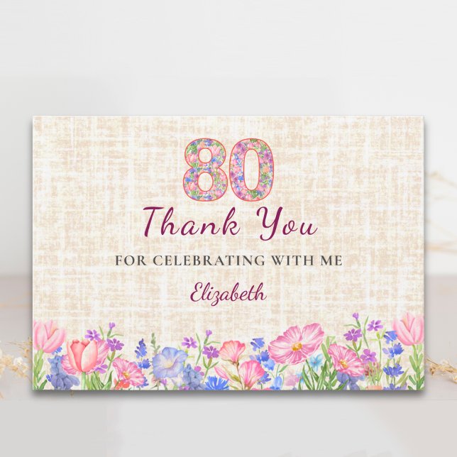Carte De Remerciements Elegant 80th Birthday Thanks for Her - Pink Floral (Créateur téléchargé)
