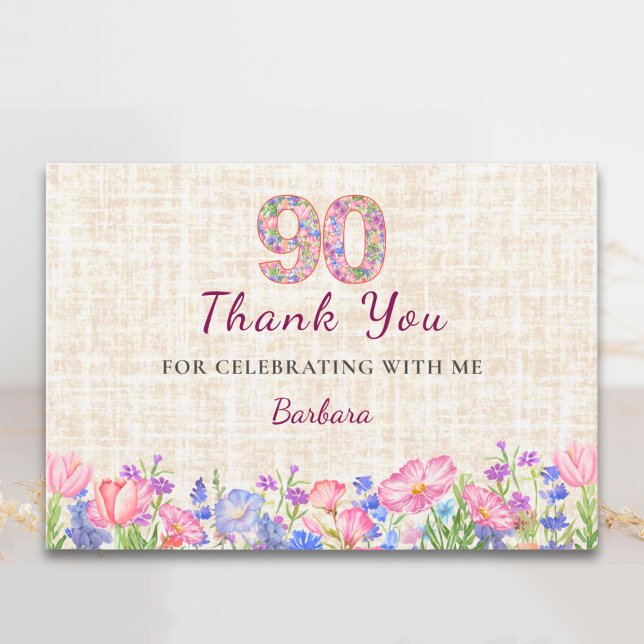 Carte De Remerciements Elegant 90th Birthday for Her - Pink Flowers (Créateur téléchargé)