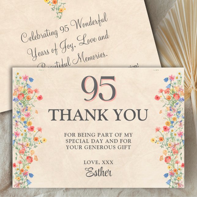 Carte De Remerciements Elegant 95th Birthday Thanks - Floral Wildflower (Créateur téléchargé)